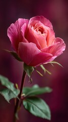 Beautiful pink rose with delicate petals captured against a blurred background in soft lighting, showcasing its natural elegance and charm