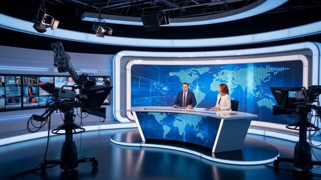 News studio with anchors at desk and cameras.