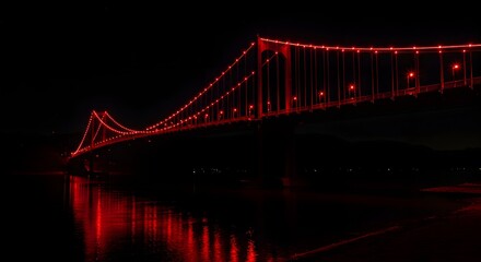 Obraz premium Red Lit Suspension Bridge at Night Reflected in Water