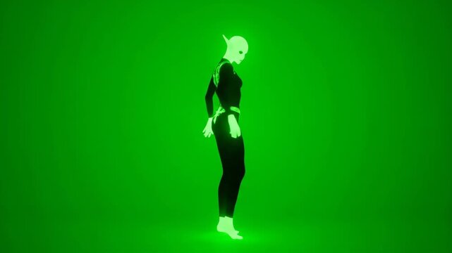 Neon Elf Moonwalk on Green Screen - A glowing neon elf figure in a black bodysuit performs a moonwalk against a bright green background.
