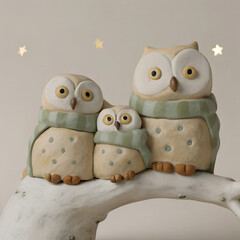 Obraz premium Three handmade clay owls in scarves sitting on a branch, cozy winter family scene.