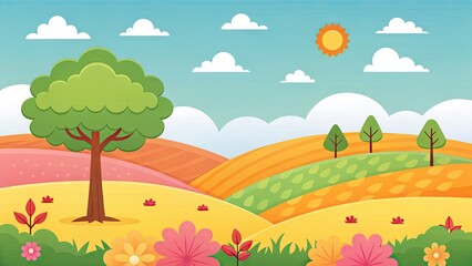 Cartoon landscape illustration with rolling hills, trees, flowers, sun, and clouds.