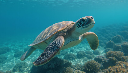 A majestic sea turtle swimming in a crystal-clear ocean