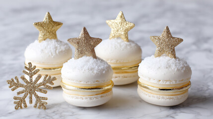 Fototapeta premium Festive macarons decorated with golden star toppers and snow-like sugar, arranged on a marble surface, embodying a joyful holiday spirit and seasonal celebration
