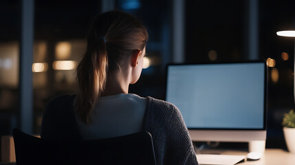 Late-Night Work: Woman focused on computer screen, working after hours, illuminated by the screen and a desk lamp against a dark background.