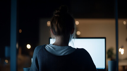 Late-night work session: Back view of a person in front of a computer in a dimly lit room.  Focus on concentration, technology, and dedication.