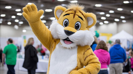 Cheerful tiger mascot waving to the crowd at a lively event, surrounded by people enjoying the atmosphere, creating a fun and engaging environment for attendees