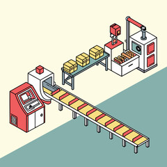 Vector art of isometric packaging and processing conveyor system