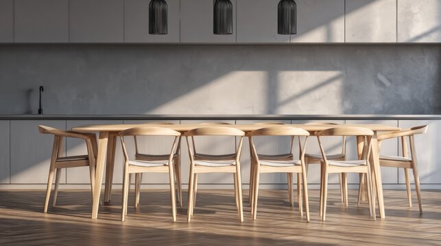 Modern kitchen and dining area features a spacious wooden table with matching chairs and elegant lighting in a bright setting