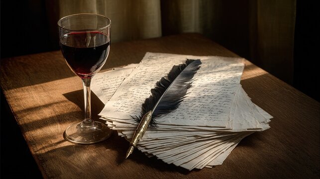 handwritten. Still life of handwritten manuscripts, a feather pen, and wine on a wooden desk. event programs, museum guides, designed for cultural heritage projects and event programs.