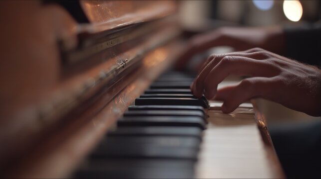 A man sits at the piano, where the man moves his fingers across the piano keys. The man focuses on creating music as the piano resonates with sound. - Powered by Adobe