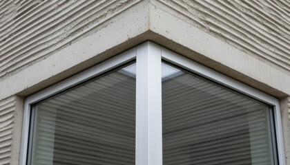 Architectural detail of modern building featuring glass corner and textured concrete