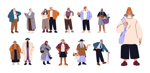 Set of fashion elderly. Old men and women are in stylish clothes. Happy modern senior couples are trendy. Diverse aged people are standing. Flat isolated vector illustrations on white background.