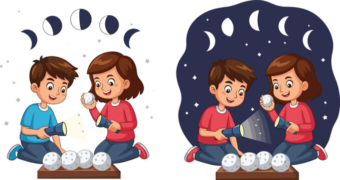Children learning moon phases, flashlight activity, astronomy education, hands-on science, night and day concept, STEM classroom, lunar cycle, kids experiment