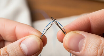 Close up of hands threading a needle with blue thread, demonstrating the precision and skill involved in sewing and needlework
