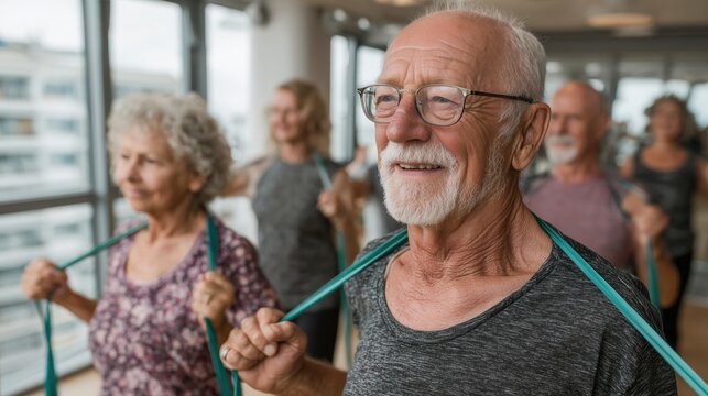 Active seniors exercising with resistance bands in bright fitness studio, healthy aging