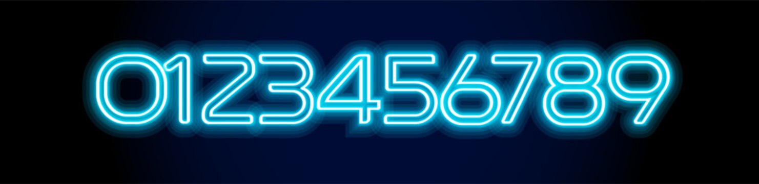 Neon numbers 0,1,2,3,4,5,6,7,8,9. Glowing blue tube digits for cyber monday sale discount price offer promo, techno displays, nightlife, countdowns, timer, poster, banner, web. Vector illustration.