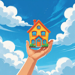 Cartoon house in hand with blue sky and fluffy clouds background