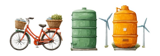 Colorful Bicycle and Water Tanks Isolated on Transparent Background