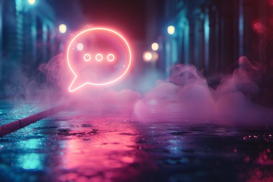 Neon pink speech bubble hovers over a wet cyberpunk street at night, creating a futuristic atmosphere