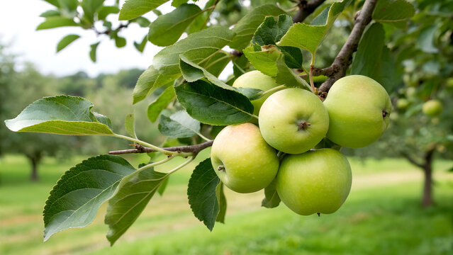 Green Apple hanging tree in garden, Green Apples on tree branch in natural warm sunlight background
