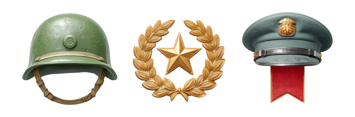 Vintage Military Helmet and Emblems Isolated on Transparent Background