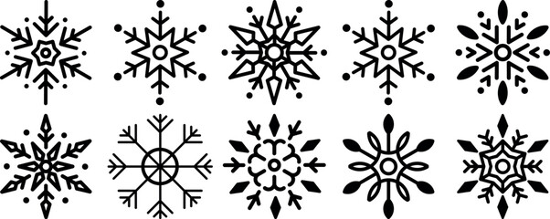 Ten diverse snowflakes are arranged symmetrically, each presenting unique geometric designs over a white background