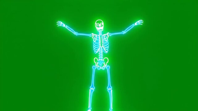 Neon Skeleton Dancing on Green Background - A glowing neon skeleton figure is shown dancing in a joyful pose against a vibrant green chroma key background.