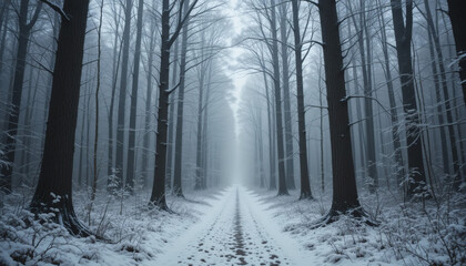  A mystical forest path covered in snow, surrounded by tall silent trees