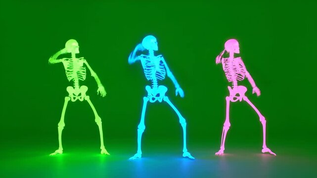 Neon Skeleton Group Dance - Three neon skeletons are shown dancing against a vibrant green background. Each skeleton glows with a different color: green, blue, and pink.
