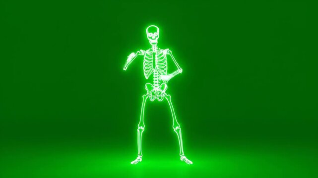 Neon Skeleton Dancing on Green Background - A glowing neon skeleton is shown dancing on a solid green background.