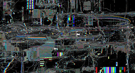 Dark glitch art background with distorted lines and patterns creating a sense of chaos and digital malfunction in monochrome