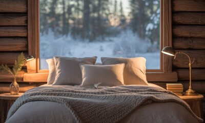 Cozy interior of a log cabin bedroom with a bed, pillows, blankets, and a snowy view