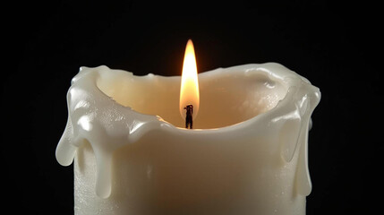 Close up of burning candle with dripping wax against black background