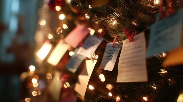 Christmas lights illuminate the Christmas tree adorned with handwritten notes. Handwritten notes clipped to the branches add personal touches under the twinkling Christmas lights.