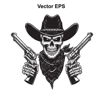 Vector art of skull cowboy with guns