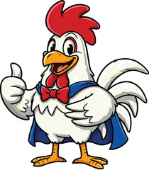 Cartoon rooster in cape and bowtie, giving thumbs up, cheerful farm mascot illustration, confident chicken hero, vector animal character, fun poultry cartoon drawing