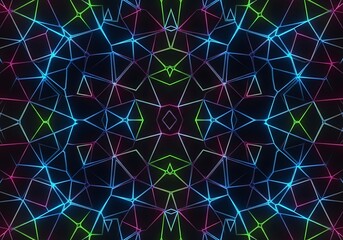 Kaleidoscopic geometry, iridescent digital mesh on black backdrop