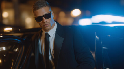 Bodyguard escorting celebrity client through flashing cameras and paparazzi, showing calm control and protective stance, symbolizing professionalism, loyalty, and emotional steadiness amid chaos.