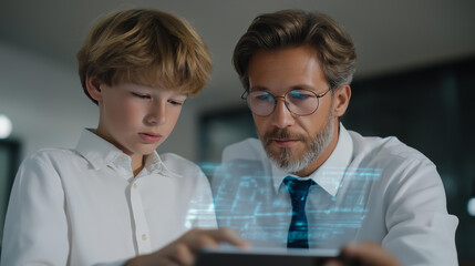 Futuristic study room with digital assistant hologram guiding a student through learning tasks, projecting interactive data, and offering personalized support, symbolizing AI in education and