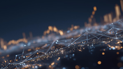3D render of futuristic blockchain network with glowing interconnected nodes, digital charts hovering in space, and streams of cryptocurrency transactions flowing, symbolizing decentralized finance