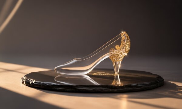 Elegant, clear glass high-heeled shoe sculpture on a dark, reflective base, lit golden - Powered by Adobe