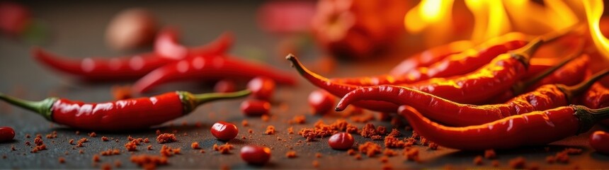 Many red chili peppers on a table with flames in the background