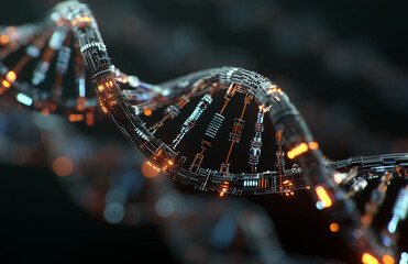 Futuristic glowing digital DNA strand representing biotechnology and innovation.