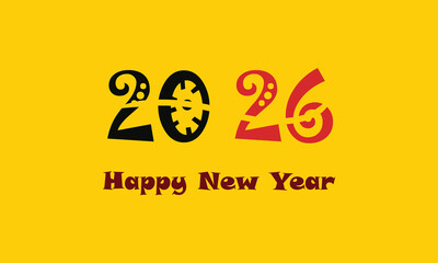 Happy New Year 2026 Decorative Typography on Bright Yellow Background
