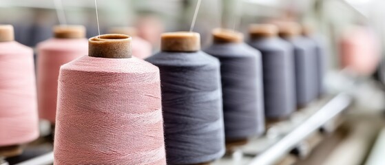 Spools of colorful thread lined up in a textile factory showcasing the vibrant hues used for sewing and crafting fabric products