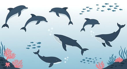 Naklejka premium Dolphin and Whale Cartoon Illustration