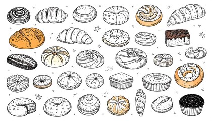 Detailed illustration of various baked goods, mostly bread and pastries