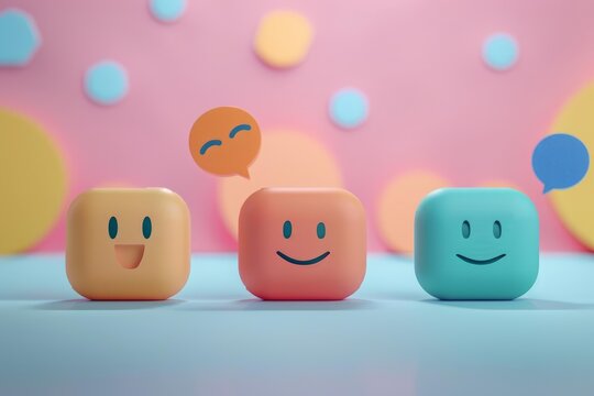 3d rendering of colorful emojis showing various emotions with speech bubbles, conveying communication and feelings