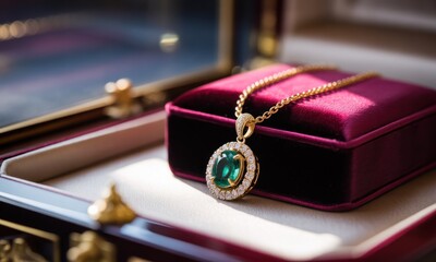Emerald pendant necklace in a velvet lined display box, catching sunlight